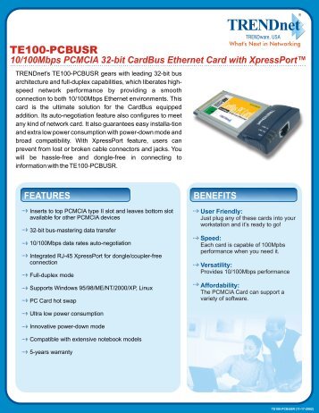 10/100Mbps PCMCIA 32-bit CardBus Ethernet Card ... - TRENDnet