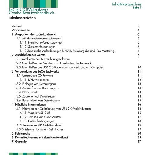 Inhaltsverzeichnis LaCie CD-RW-Laufwerk Combo Benutzerhandbuch