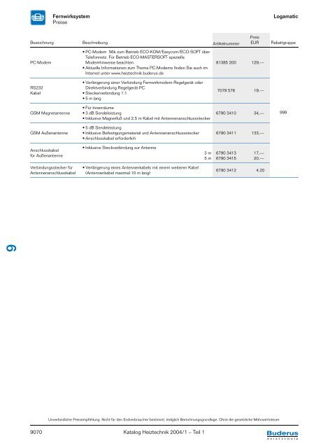 Logamatic Fernwirksystem Katalog Heiztechnik 2004/1 ... - Buderus