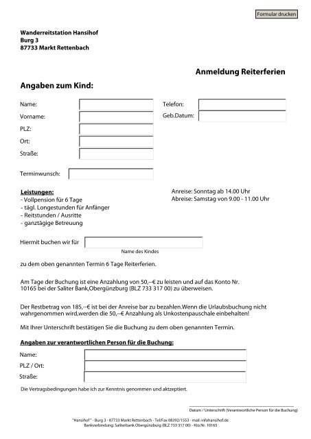 Angaben Zum Kind Anmeldung Reiterferien Hansihof