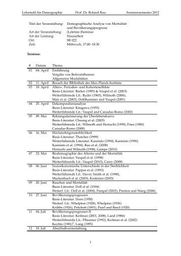 Lehrstuhl f ¨ur Demographie Prof. Dr. Roland Rau Sommersemester ...