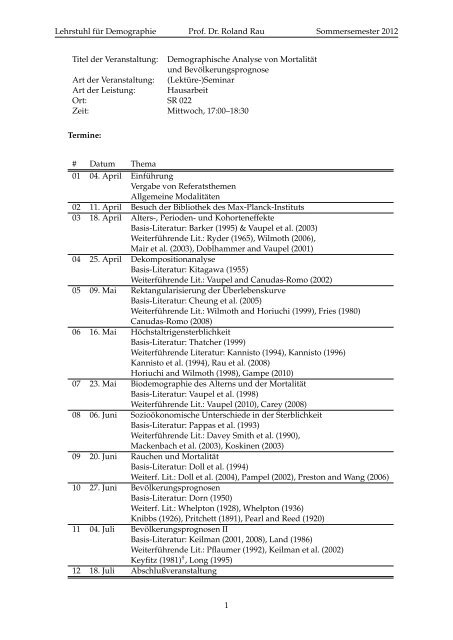 Lehrstuhl f ¨ur Demographie Prof. Dr. Roland Rau Sommersemester ...