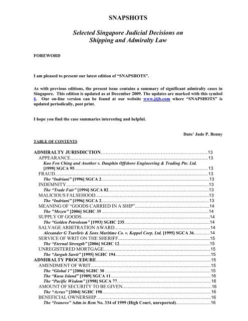 SNAPSHOTS Selected Singapore Judicial Decisions JTJB Website