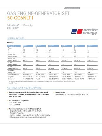 GAS ENGINE-GENERATOR SET 50-GC6NLT1 - MTU Onsite Energy