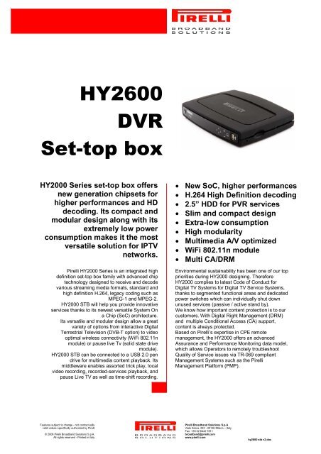 HY2600 DVR Set-top box - Pirelli Broadband