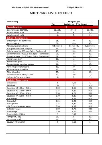 MIETPARKLISTE IN EURO - RIAG Baubedarf