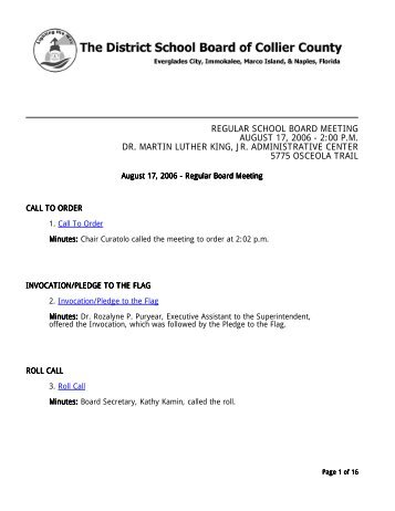 regular school board meeting august 17, 2006 - Collier County ...