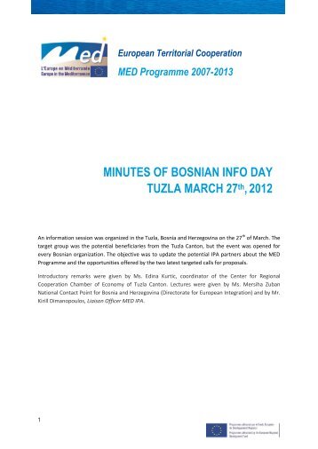 MINUTES OF BOSNIAN INFO DAY TUZLA ... - Programme Med