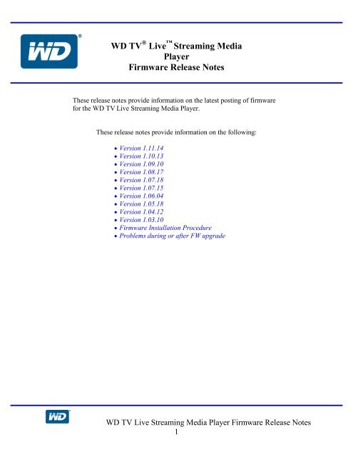 WD TV Live Streaming Media Player Firmware Release Notes