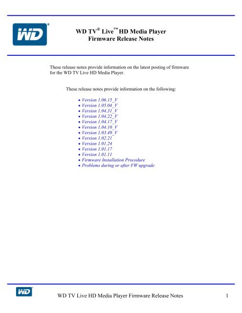 WD TV Live HD Media Player Firmware Release Notes - Support