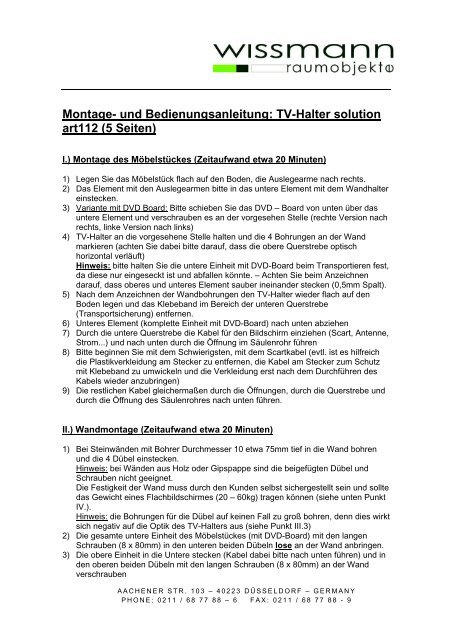 und Bedienungsanleitung: TV-Halter solution art112 - four traders ...