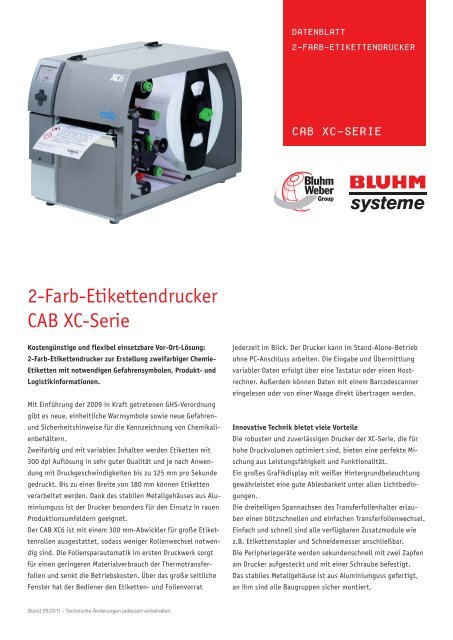 2-Farb-Etikettendrucker CAB XC-Serie - Bluhm Systeme GmbH