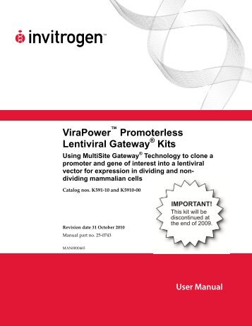 ViraPower™ Promoterless Lentiviral Gateway® Kits - Invitrogen