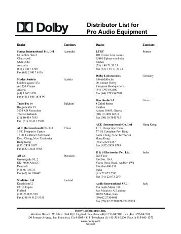 Distributor List for Pro Audio Equipment - Dolby Laboratories Inc.