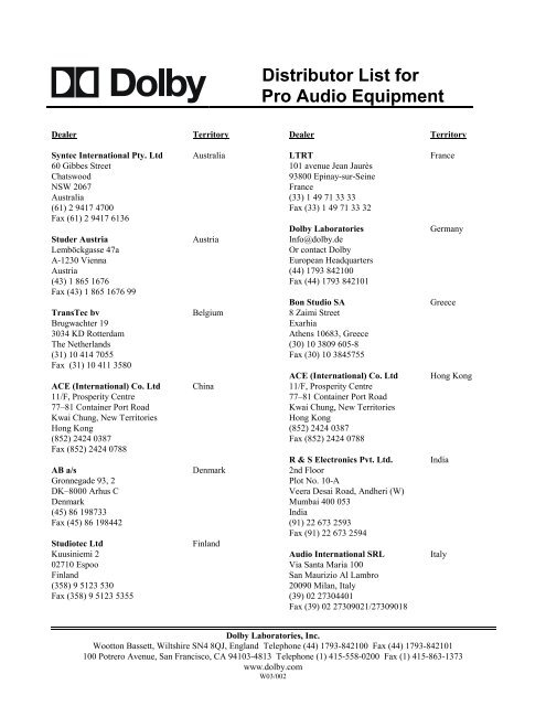 Distributor List for Pro Audio Equipment - Dolby Laboratories Inc.