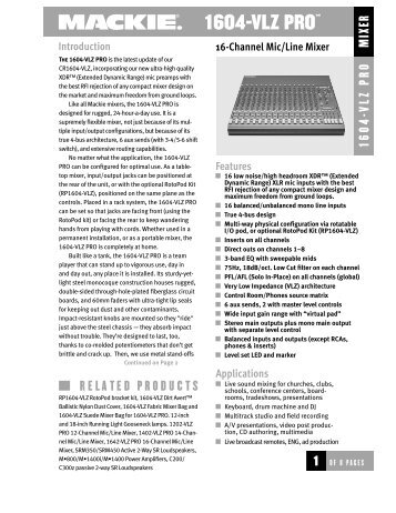 1604-VLZ PRO 16-Channel Mic/Line Mixer Spec Sheet - Mackie