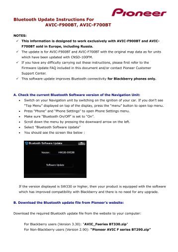 Bluetooth update - AVIC-F900BT, AVIC-F700BT - Pioneer