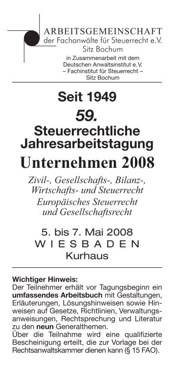 Arbeitsprogramm der Steuerrechtlichen Jahresarbeitstagung