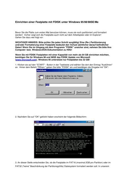 Einrichten einer Festplatte mit FDISK unter Windows 95/98/98SE/Me
