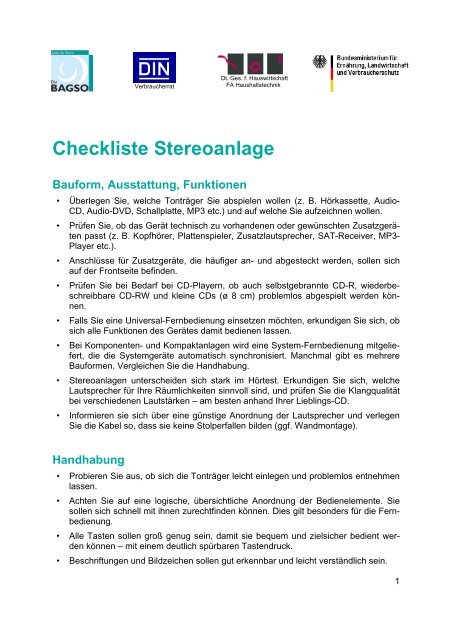 Checkliste Stereoanlage Bauform, Ausstattung, Funktionen - BAGSO