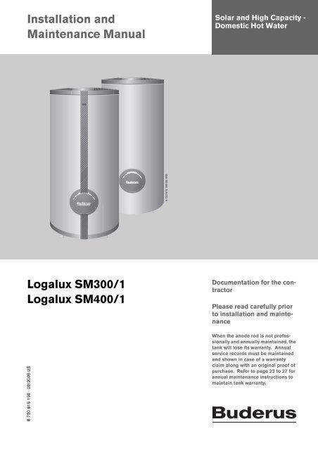 Installation And Maintenance Manual Logalux Sm300 1 Buderus