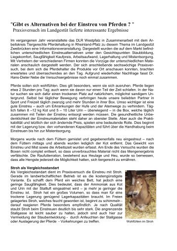 Gibt es Alternativen bei der Einstreu von Pferden - in Rheinland-Pfalz