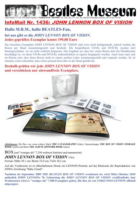 InfoMail Nr. 1436: JOHN LENNON BOX OF VISION - Beatles Museum