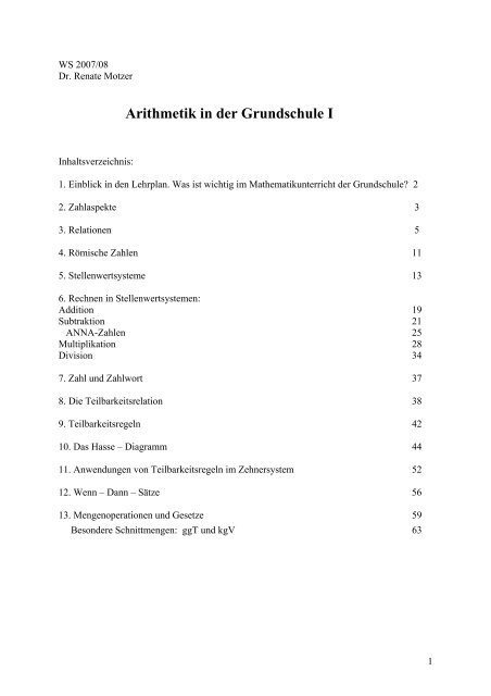 Arithmetik in der Grundschule I