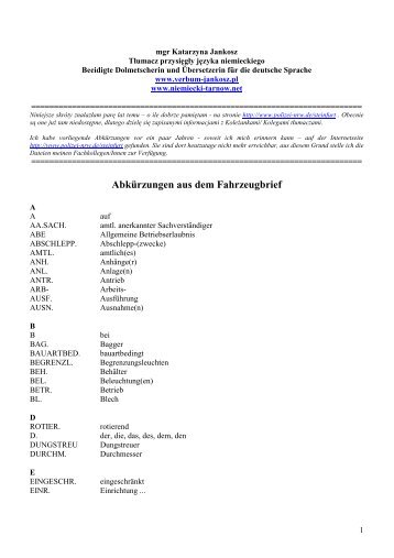 Abkürzungen aus dem Fahrzeugbrief - tłumacz przysięgły języka ...