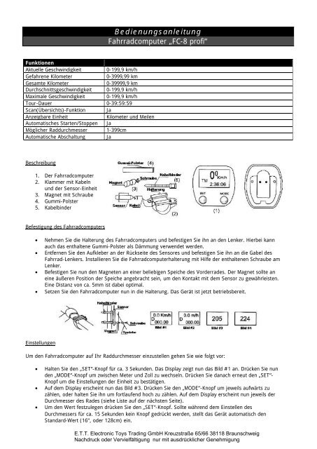 Bedienungsanleitung Fahrradcomputer FC-8 profi - ETT