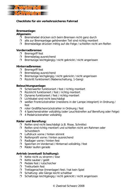 Checkliste Fahrrad PDF - Zweirad Schwarz