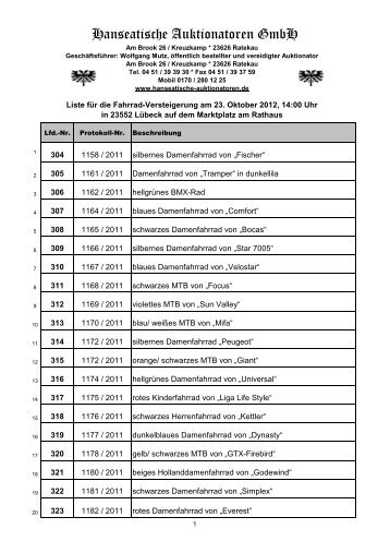 Versteigerungsliste Fahrräder 23.10.12 - Hanseatische ...