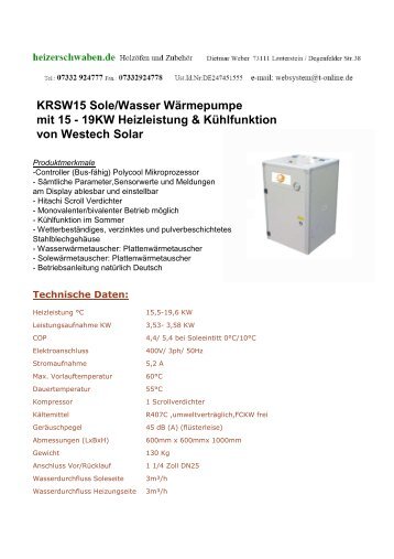 KRSW15 Sole/Wasser Wärmepumpe mit 15 - Heizerschwaben