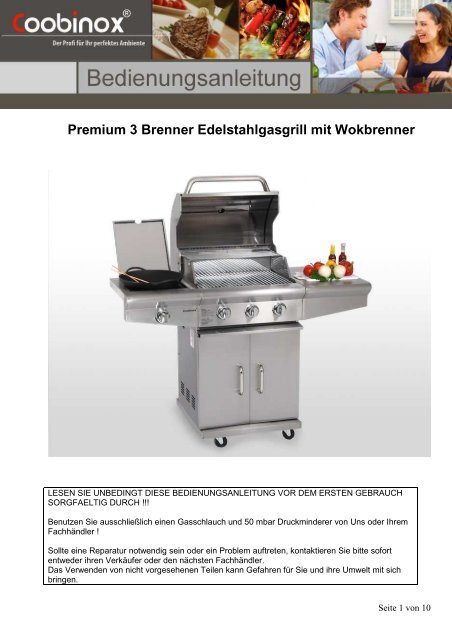 Premium 3 Brenner Edelstahlgasgrill mit Wokbrenner - Coobinox