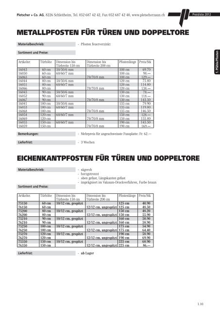 PREISLISTE 2012 - Pletscher & Co. AG