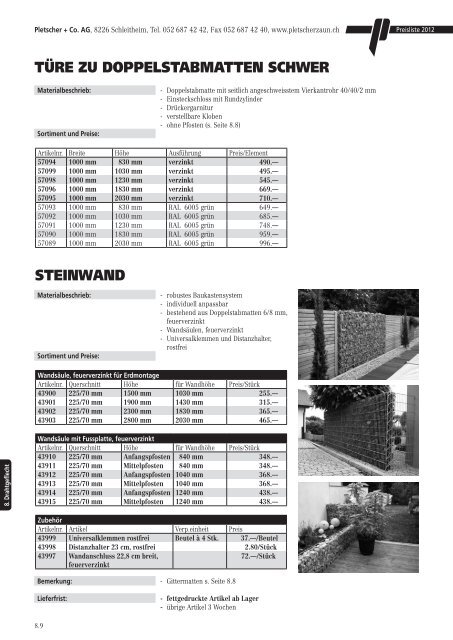 PREISLISTE 2012 - Pletscher & Co. AG