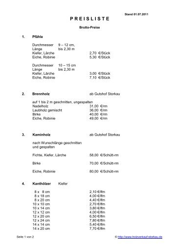 Preisliste Holz - Holzverkauf Storkau