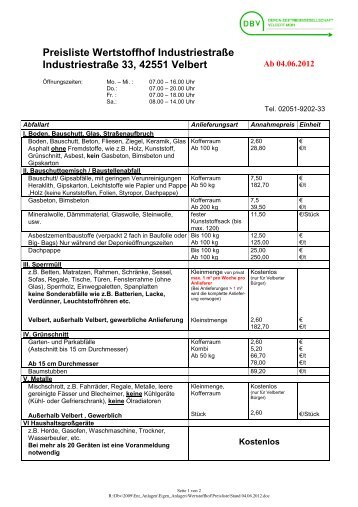 Preisliste Wertstoffhof Industriestraße Industriestraße 33, 42551 ...