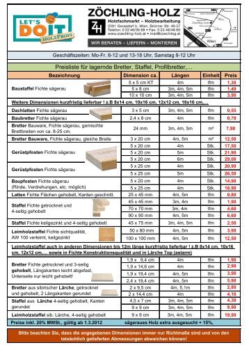 Preisliste für lagernde Bretter, Staffel, Profilbretter,…