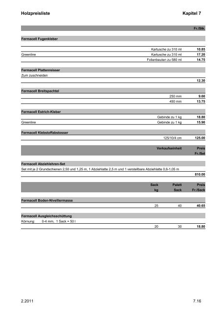 Holzpreisliste Kapitel 7 Pavatex für Boden