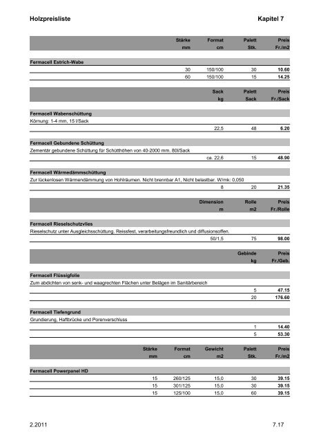 Holzpreisliste Kapitel 7 Pavatex für Boden