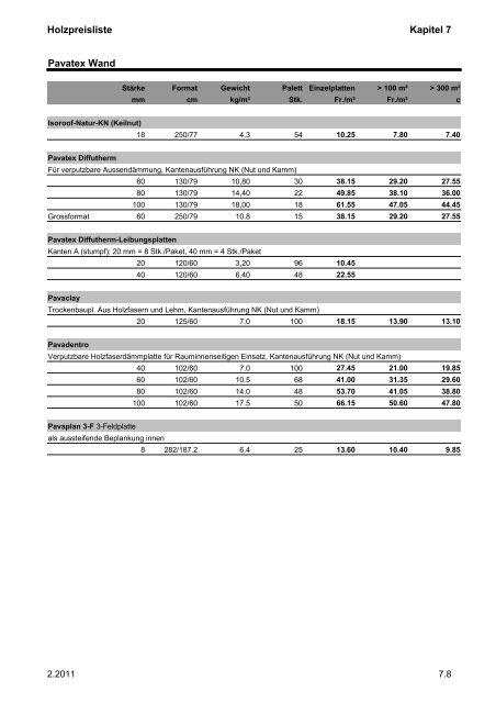 Holzpreisliste Kapitel 7 Pavatex für Boden