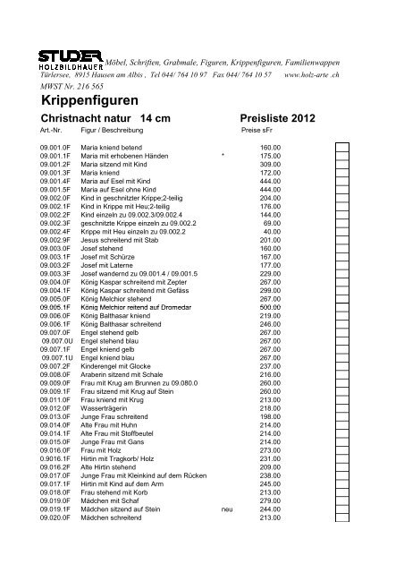 Krippenfiguren Christnacht natur 14 cm Preisliste 2012