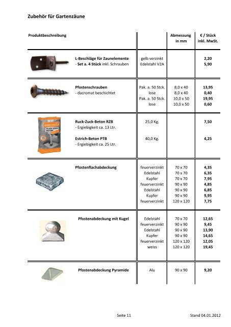 Preisliste 2012 Lagerware Gartenholz - Jan Fr. Gehlsen