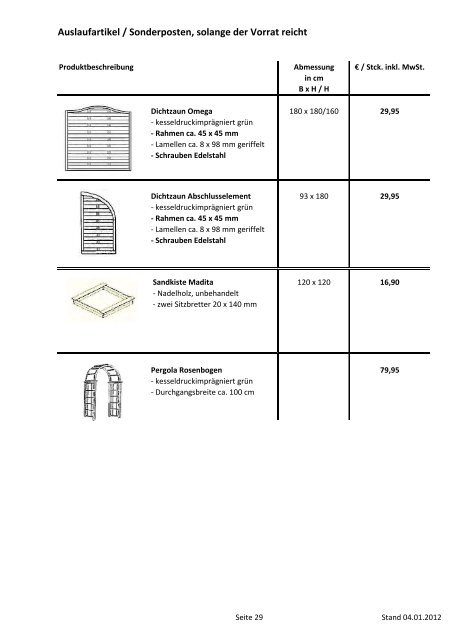 Preisliste 2012 Lagerware Gartenholz - Jan Fr. Gehlsen