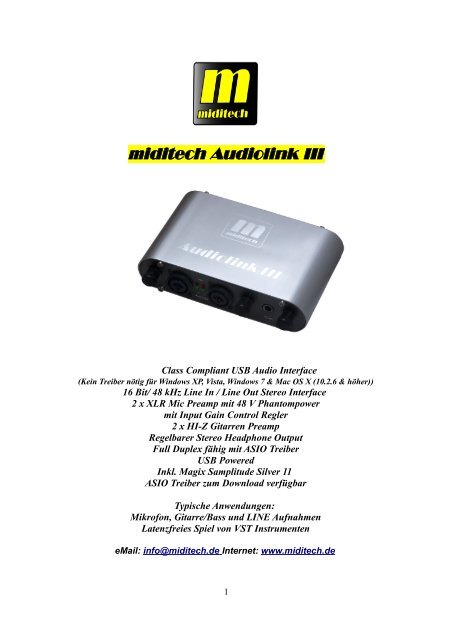 Audiolink III USB audio interface Owner's Manual - MidiTech