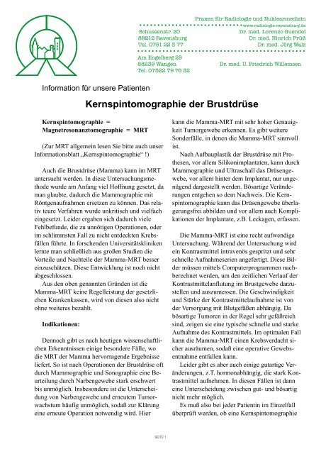 Kernspintomographie der Brustdrüse - Radiologie Ravensburg