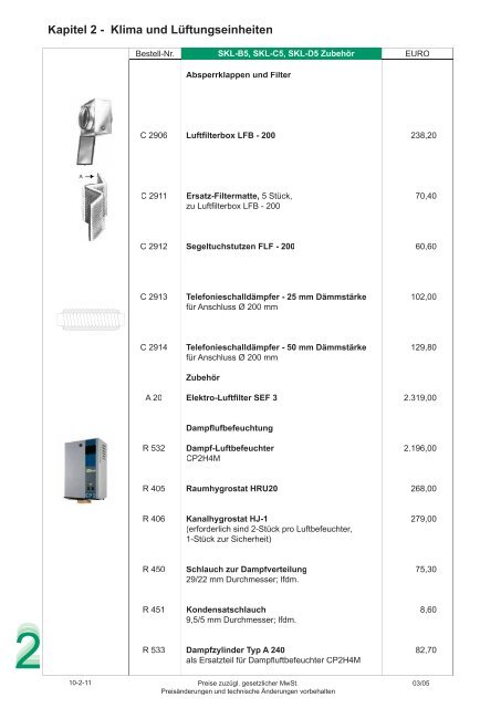 SCHRAG Preisliste Kapitel 2 Klima und Lüftungseinheiten