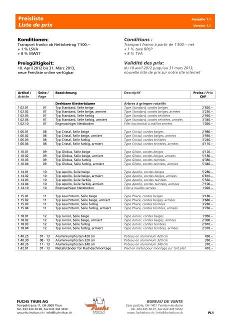 Preisliste Liste de prix - Fuchs Thun AG