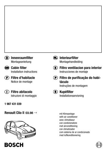 Renault Clio II 03.98 → Innenraumfilter Interieurfilter Cabin ... - Bosch